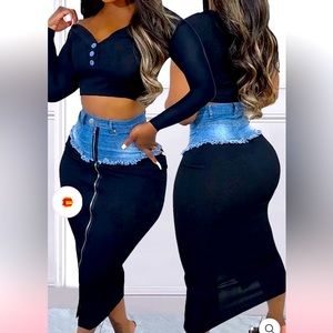 Very stretchy denim and black zip up midi skirt
